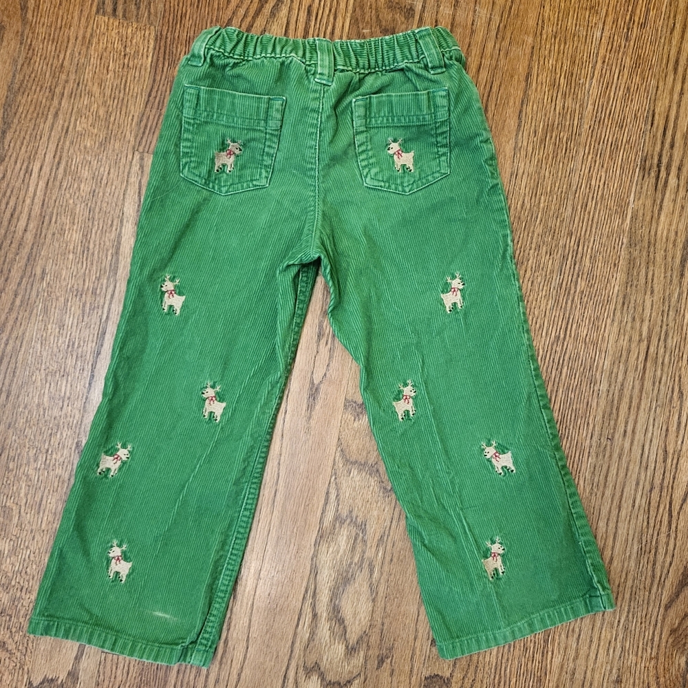 Lands End Embroidered Reindeer Green Corduroy Kids Christmas Pants Size 4T